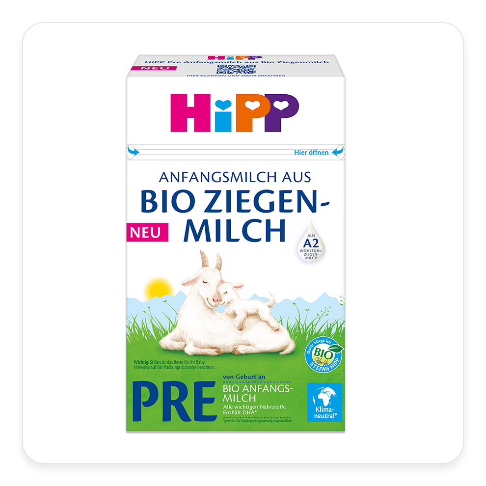 A box of Hipp baby formula with a goat illustration, a QR code, and a green leaf symbol, indicating it is organic.