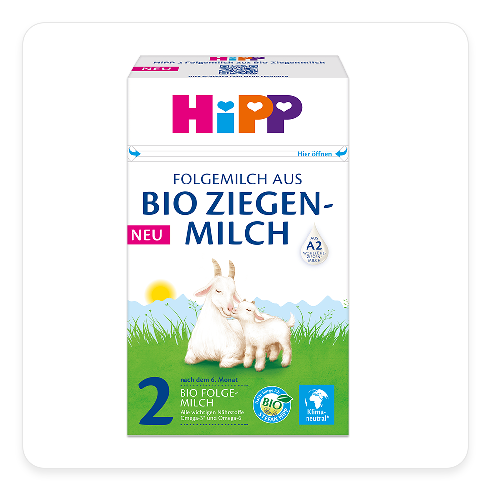 A box of Hipp baby formula, stage 2, made from organic goat milk, with a goat and its kid on the front, and the product is marked as bio and climate neutral.