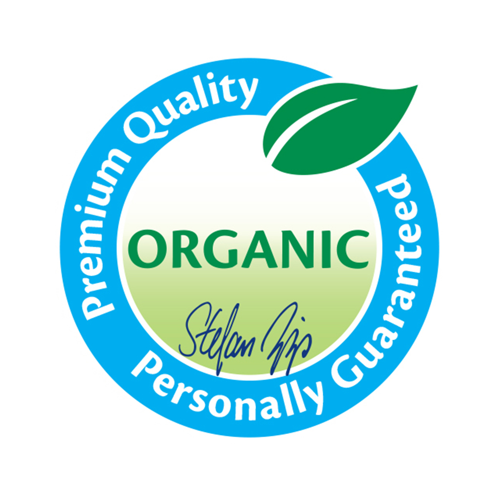 Ümmargune märk, mille keskel on sõna "ORGANIC", mida ümbritsevad sõnad "Premium Quality", "Personally Guaranteed" ja stiliseeritud lehtegraafika.