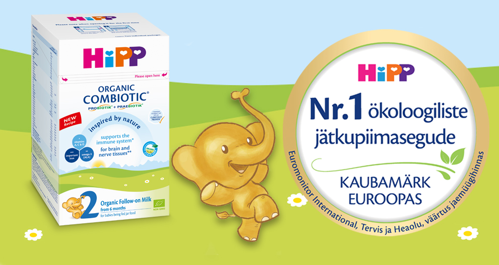 Hippi orgaanilise imiku piimasegu karp, millel on karikatuurne elevant ja märk, mis näitab, et see on kategooria number üks.