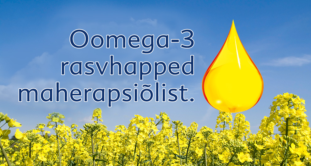 Õlitilk on asetatud kollase lillevälja peale tekstiga "Oomega-3 rasvhapped mahaerapsiolist".