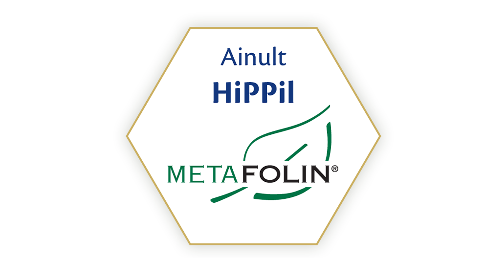 Kuuekandiline etikett, mille ülaosas on sõnad "Ainult", keskel "HiPPil" ja allosas "METAFOLIN®", millele on lisatud stiliseeritud rohelise lehega graafika.