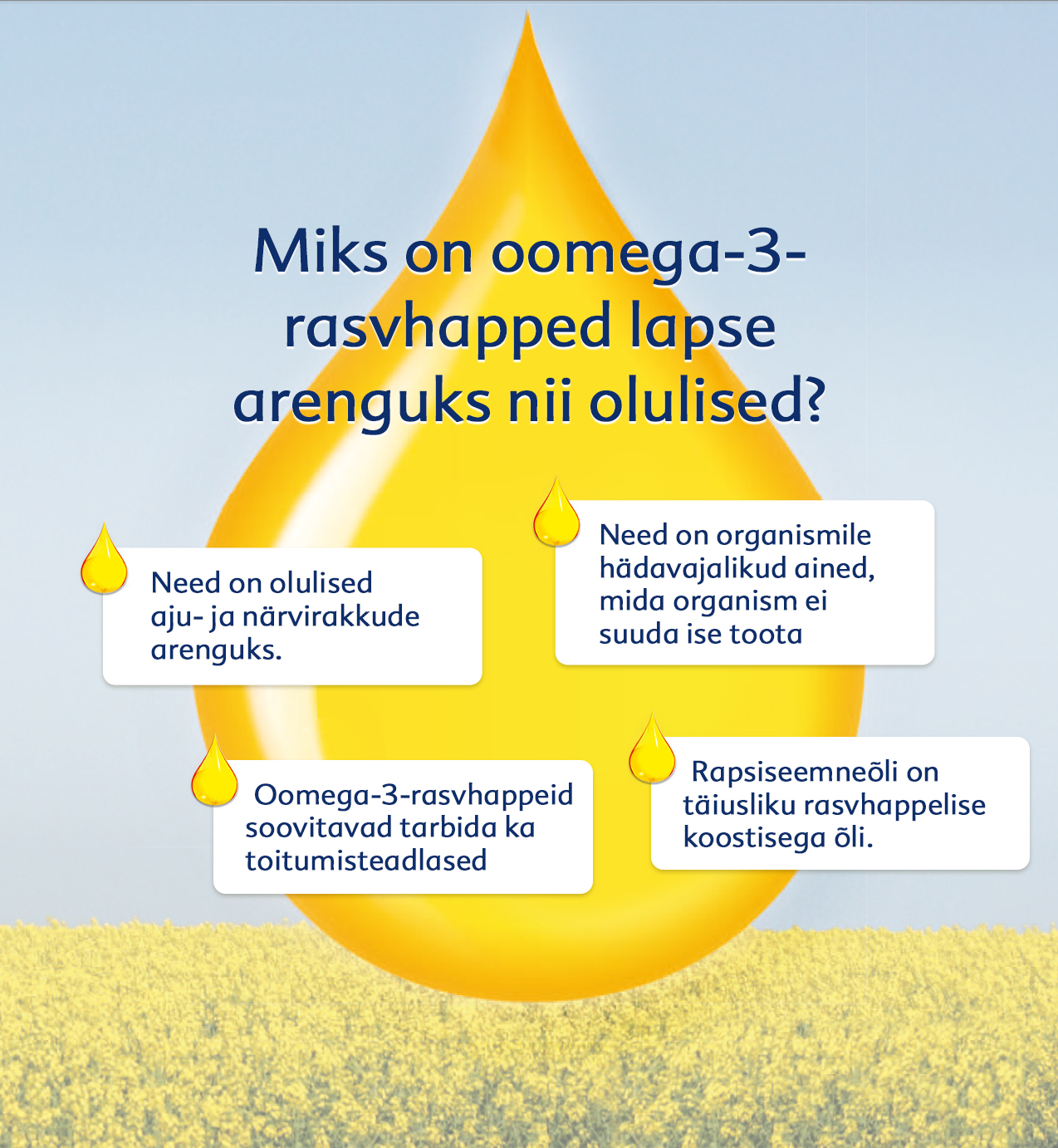 Suur õlitilk koos võõrkeelse tekstiga ja neli väiksemat tilka tekstiga, milles selgitatakse omega-3-rasvhapete otstarvet.