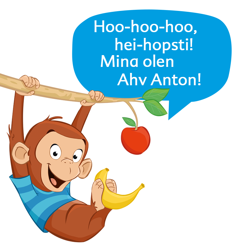 Ahv, kes hoiab oksa banaani ja õuna käes ja ütleb: "Hoo-hoo-hoo, hei-hopsti! Mina olen Ahv Anton!"