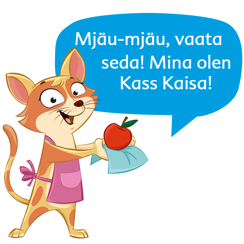 Kass, kellel on käes õun ja salvrätik.