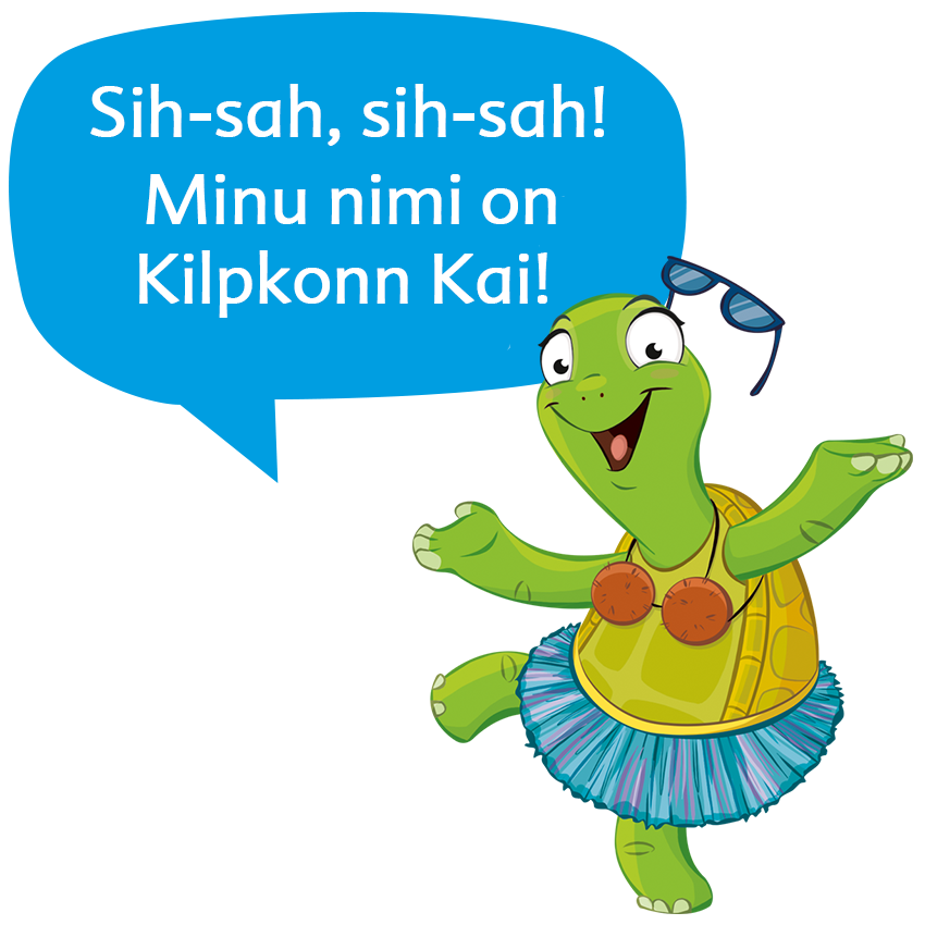 Bikiinid ja päikeseprillid seljas olev kilpkonn tantsib koos teksti sisaldava kõnemulliga.