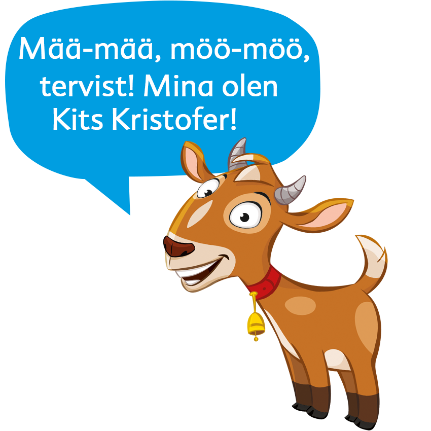 Kits, kellel on kelluke kaelas, ütleb: "Maa-maa, moo-moo, tervist! Mina olen Kits Kristofer!"