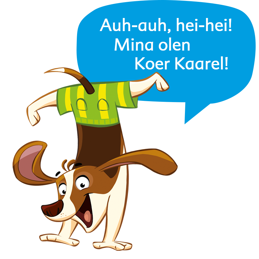 Roheliste pükstega koer seisab tagajalgadel, tekstiga kõnemullis.
