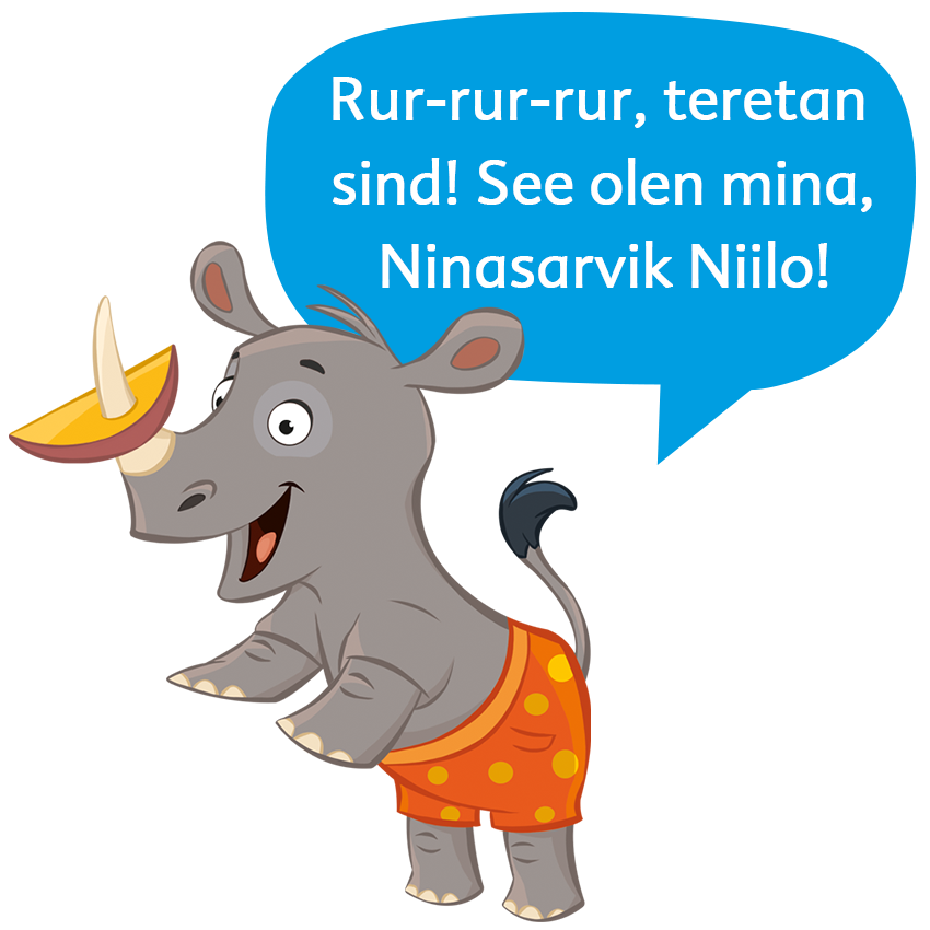 Oranžides lühikestes pükstes ninasarvik keerutab mänguliselt frisbeed oma sarves.