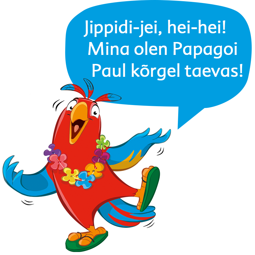 Värviline lind, kes kannab lilleseadet, ütleb võõrkeelset lauset.