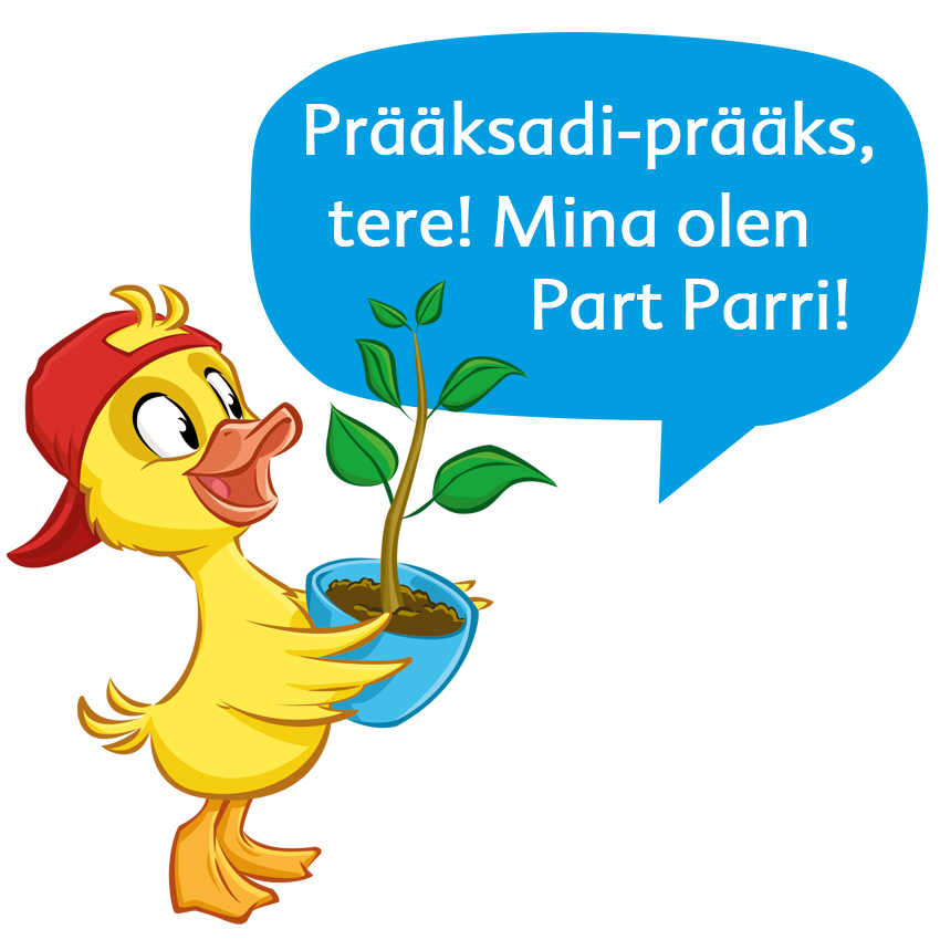 Kollane part, kes kannab punast mütsi, hoiab käes potitaime, millel on teksti sisaldav kõnemull.