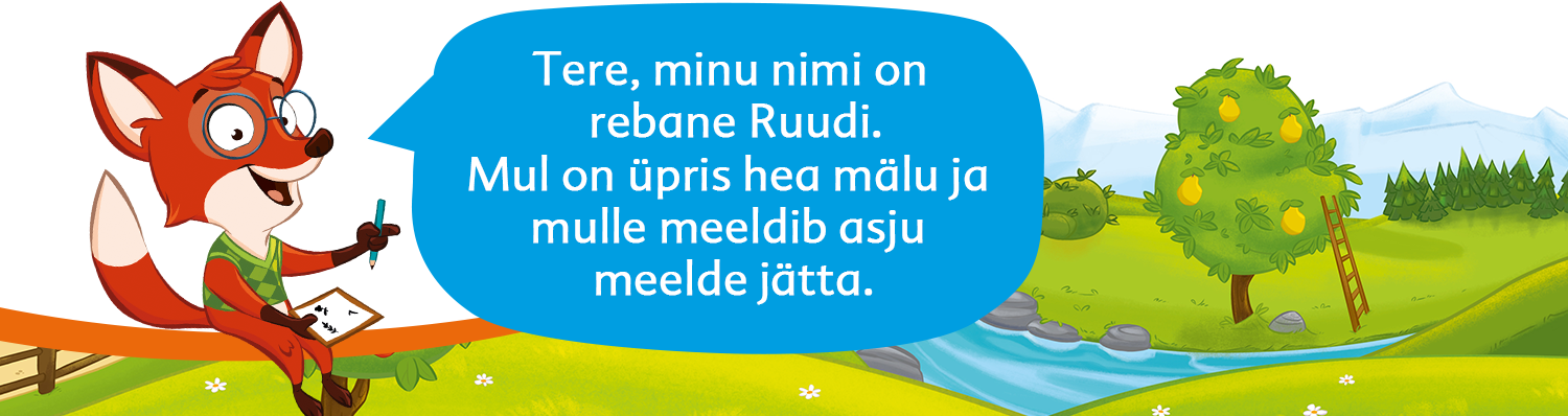 Rebane, kes hoiab käes raamatut ja pliiatsit, mille tekstimull sisaldab mitte-ingliskeelset teksti, taustaks maaliline jõgi, puud ja mäed.
