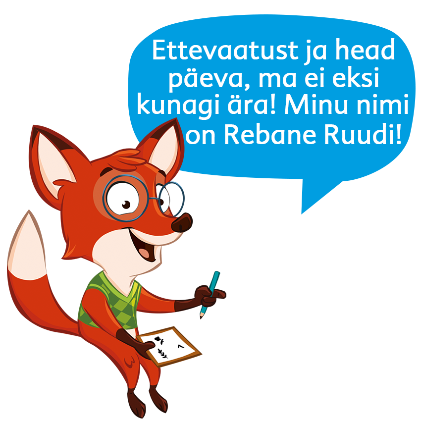 Rebane, kellel on käes märkmik ja pliiats, tekstiga kõnemull.