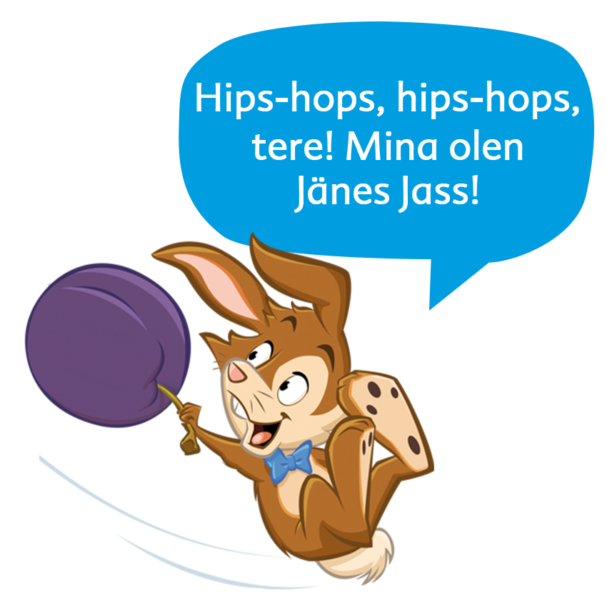 Pruun jänes, kes hoiab lillat õhupalli, millel on sinine kõnemull, mis sisaldab teksti.