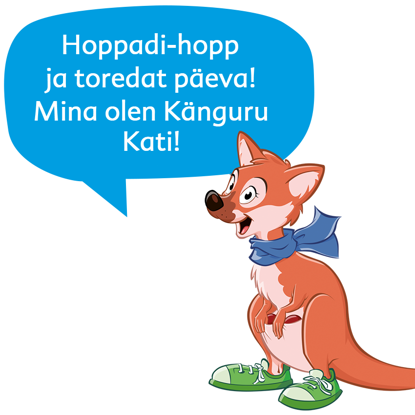 Känguru, kellel on sinine sall ja rohelised kingad, ütleb võõrkeelset lauset.