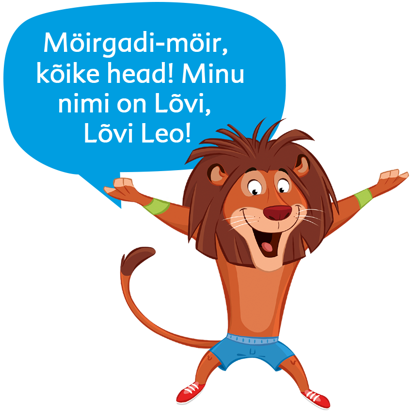 Lõvi-tegelane koos teksti sisaldava kõnemulliga.