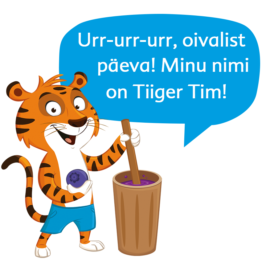 Karikatuurne tiiger, kes hoiab käes lillat värvi palli ja seisab ämbri kõrval.