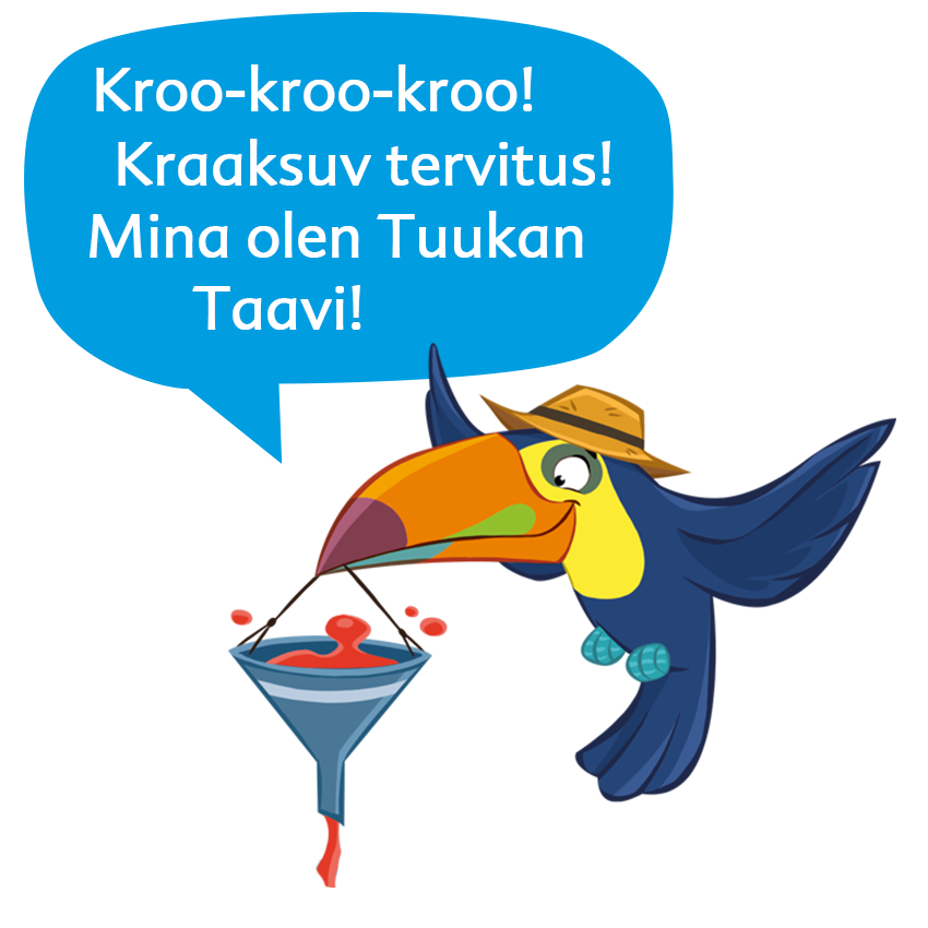 Mütsi kandev tuukan hoiab käes lehtrit, millest tilgub punast ainet.
