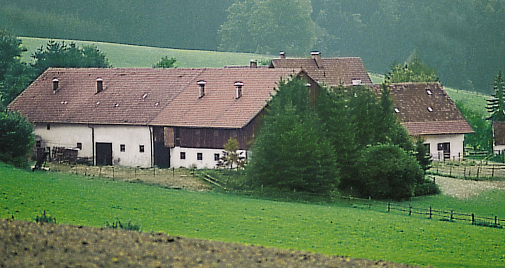 Maapiirkonna stseen valge hoone, pruunide katuste ja roheliste põldudega.