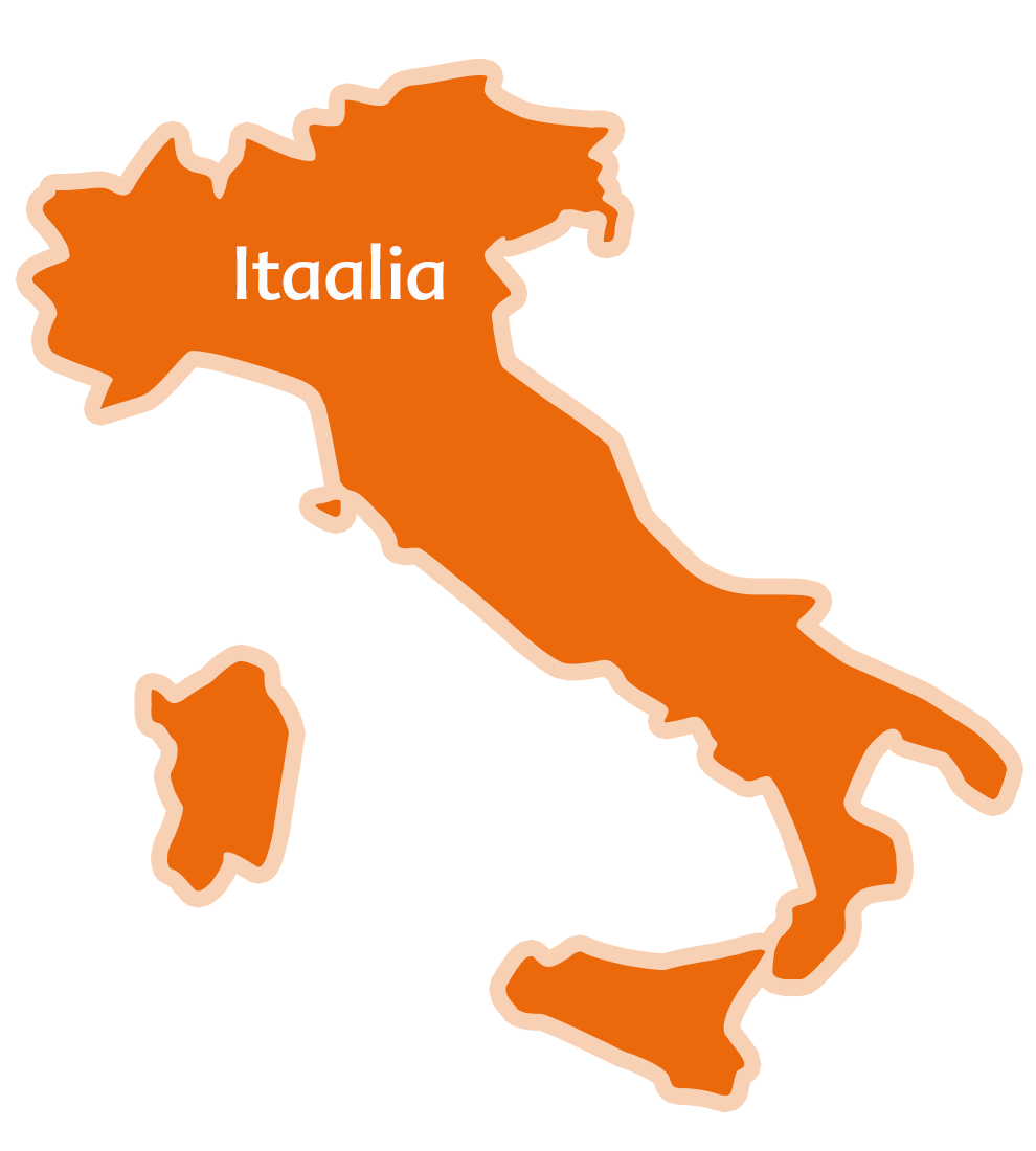 Lihtne, stiliseeritud Itaalia kaart, mis on täidetud ühtlase oranži värviga ja mille keskel on valge kirjaga kirjutatud sõna "Italia".
