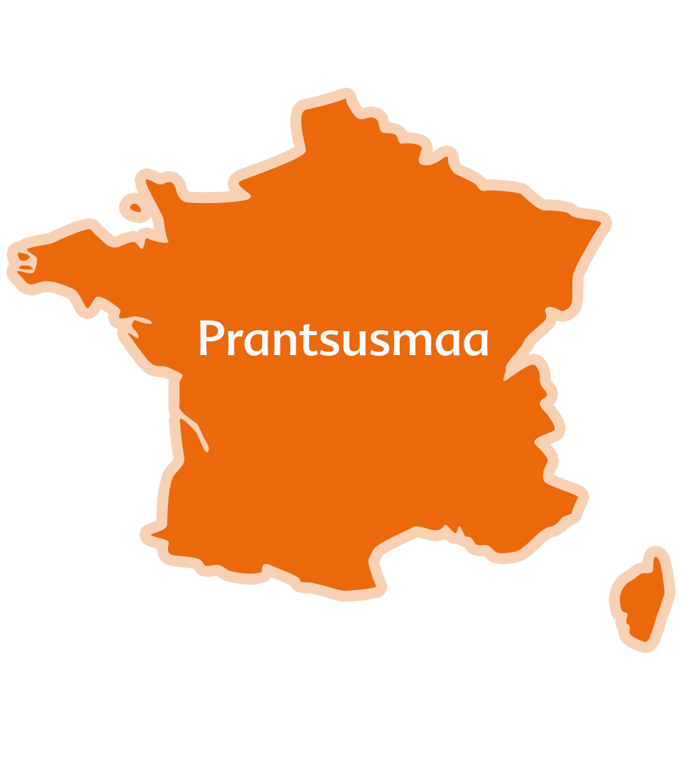 Geograafilise kuju siluett, mis on täidetud sõnaga "Prantsusmaa".