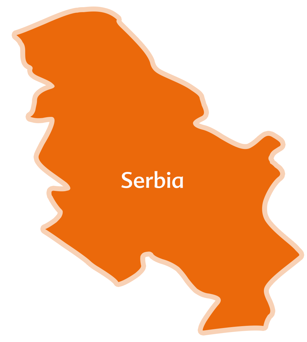 Serbia siluettkaart, mille keskele on kirjutatud riigi nimi.