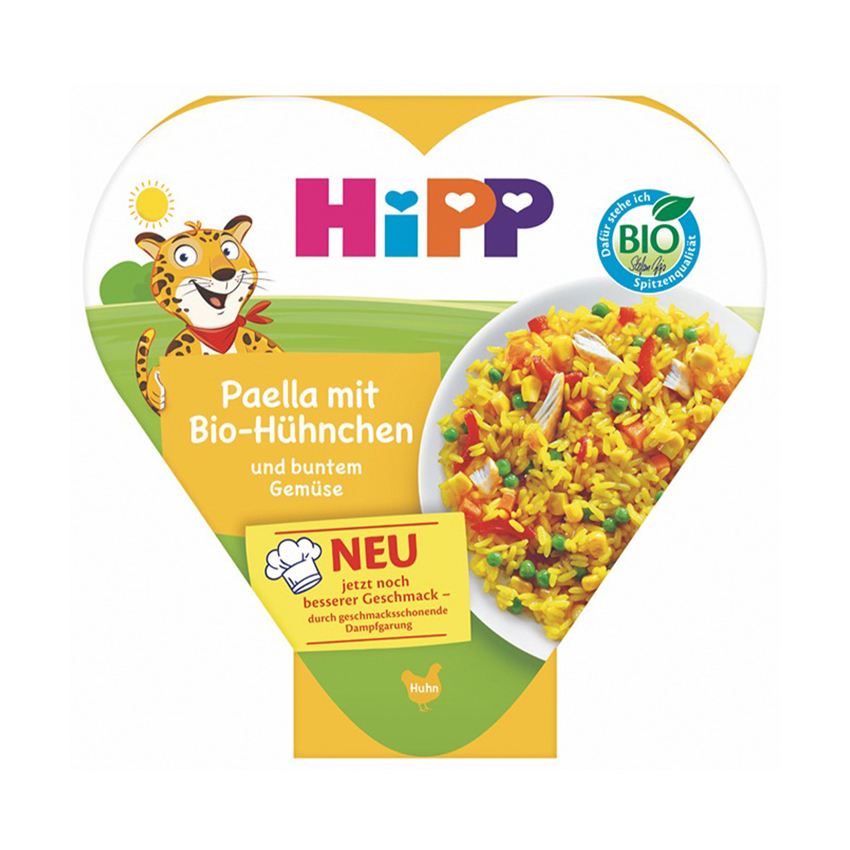 Südamekujuline pakend, millel on karikatuurne leopardi tegelane, logo "HiPP" ja toote etikett "Paella mit Bio-Huhnchen und buntem Gemüse".