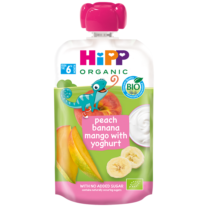 Valgel ristkülikukujulisel pakendil, millel on roosa kork, on sinine karikatuurne kameeleon, virsik, mango ja kauss valget jogurtit. Pakendil on märge "Hipp Organic", "virsik-banaan-mango jogurtiga" ja "ilma suhkrulisandita".