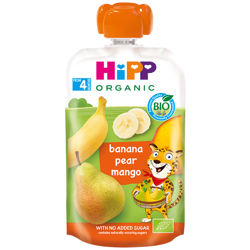 Punase korgiga valgel ristkülikukujulisel pakendil on tekst "Hipp Organic", "banaanipirn-mango" ja "ilma suhkrulisandita", millele on lisatud karikatuurne leopard, kes hoiab käes puuviljakorvi.