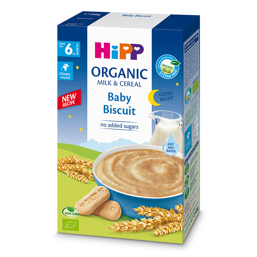 Hipp Organic Baby Biscuit'i karp, mis sobib beebidele alates 6 kuust, pildiga, millel on kujutatud kausitäis imikutoitu ja klaas piimaga, ning silt "Head ööd" ja märge, et selles ei ole lisatud suhkruid.
