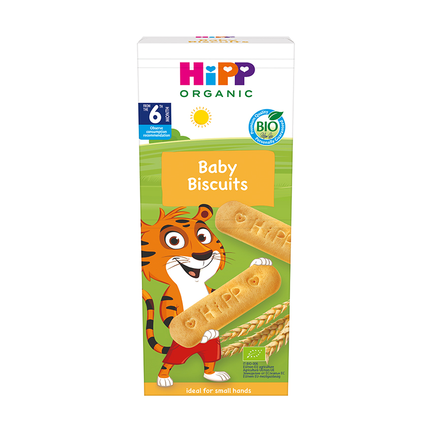 Hipp Organic Baby Biscuits'i ristkülikukujuline karp, mis sobib ideaalselt väikestele kätele ja mille esiküljel on karikatuurne elevant ja küpsised ning küljel üksikasjalik toitumisalane teave.